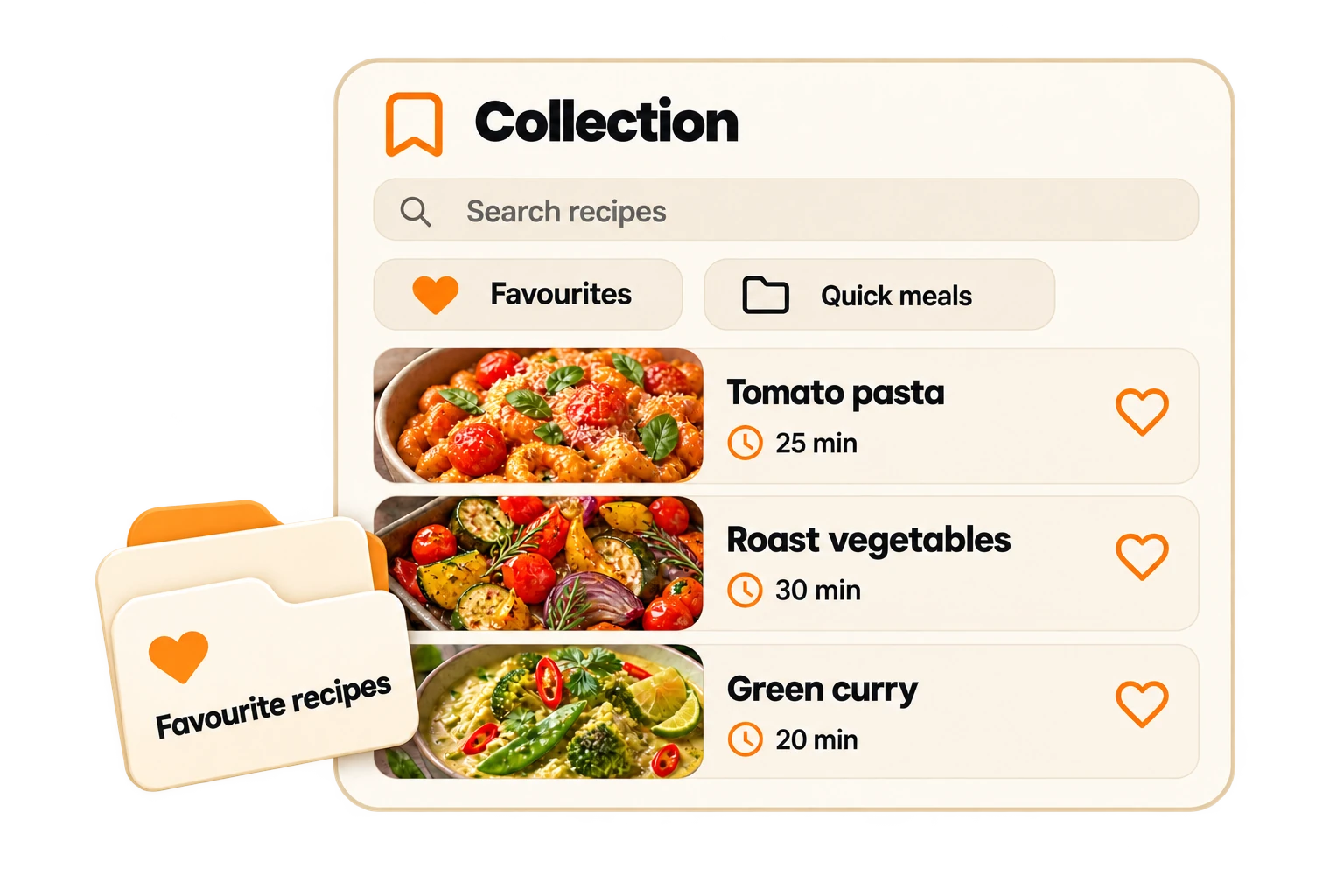 Custom recipe illustration showing a collection, favourites, folders and saved dishes