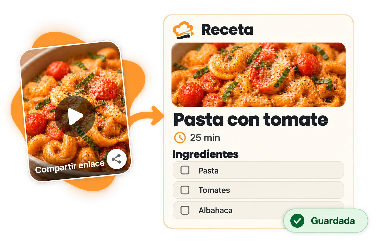 Un enlace de vídeo compartido se guarda como receta con ingredientes en Cook Swipe