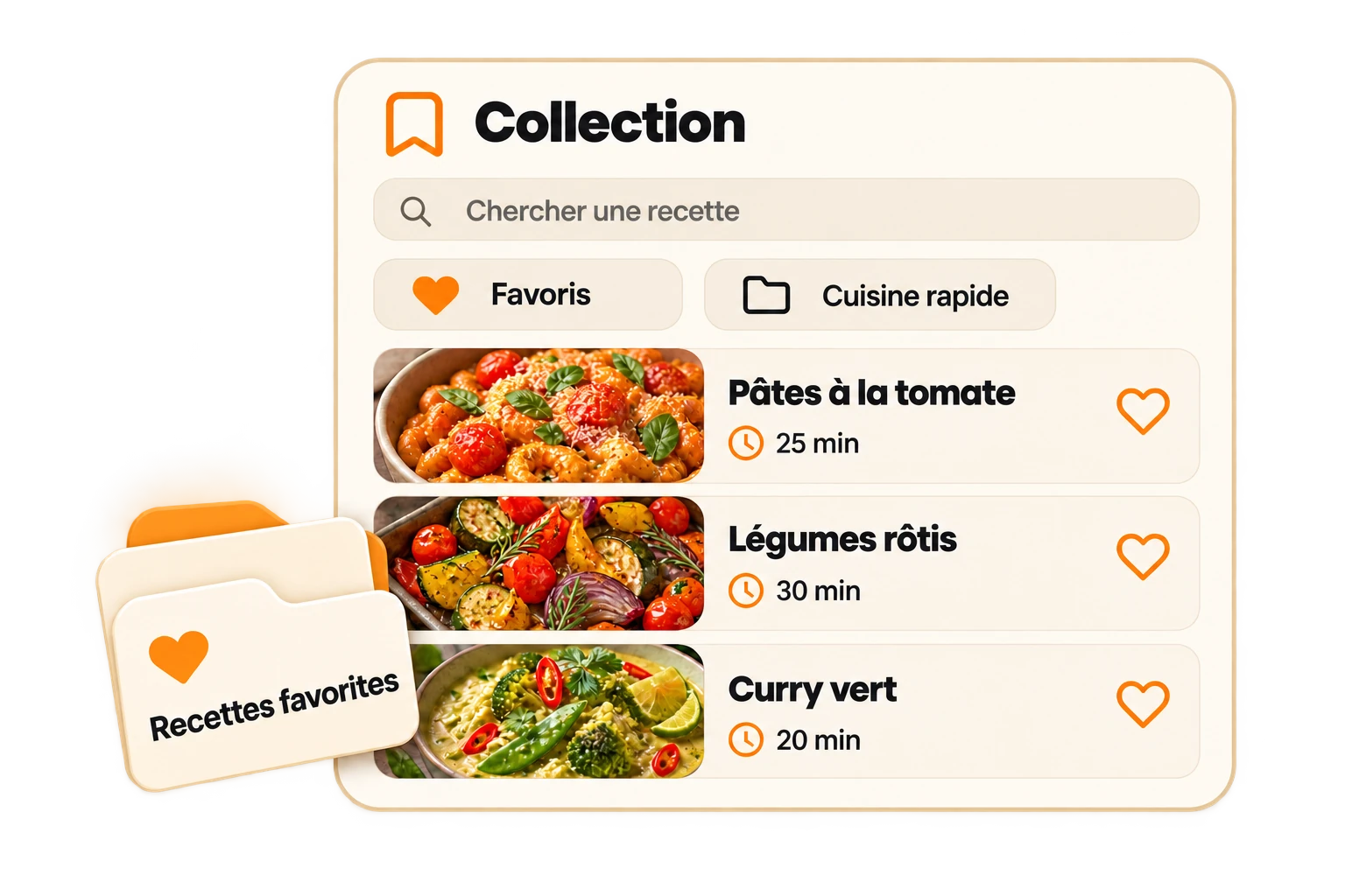 Illustration sur mesure d’une collection de recettes avec favoris, dossiers et plats enregistrés