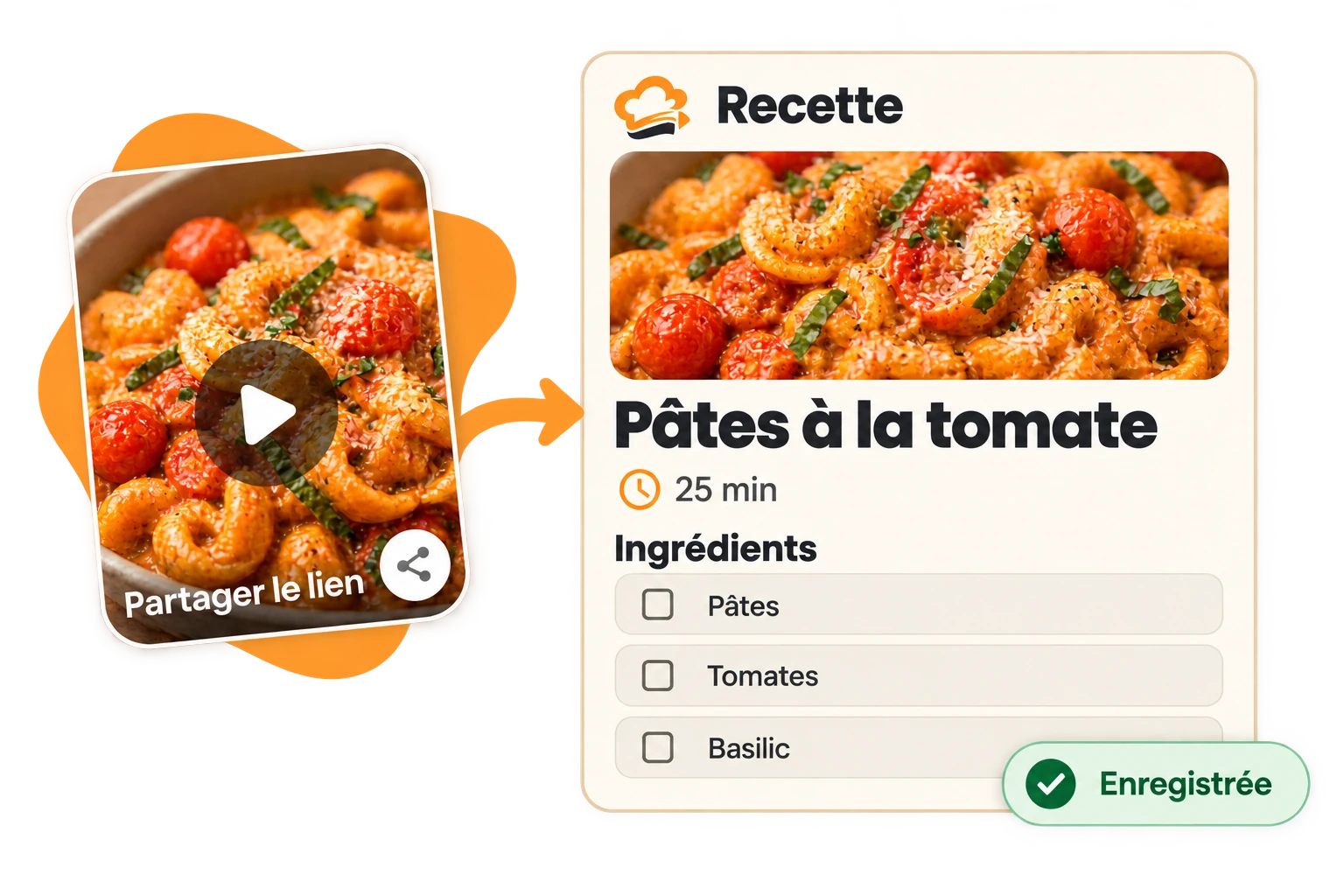 Un lien vidéo partagé devient une recette enregistrée avec ses ingrédients dans Cook Swipe