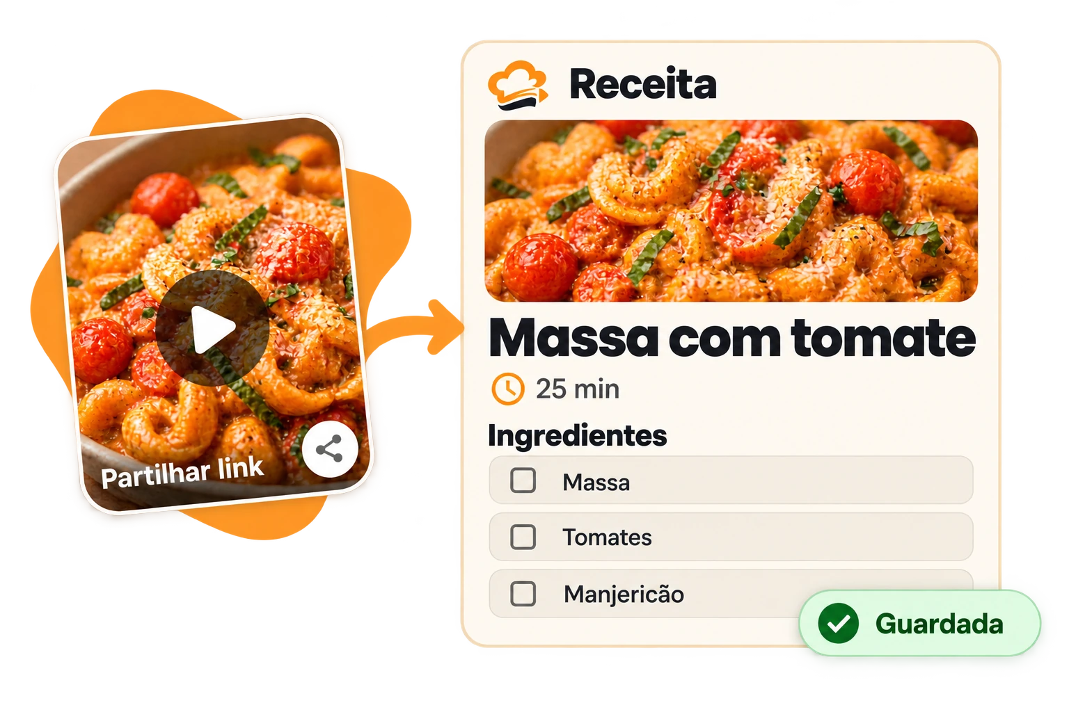 Um link de vídeo partilhado fica guardado como receita com ingredientes no Cook Swipe